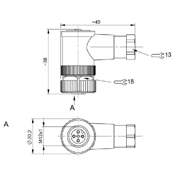 M12A Fem Coudé 4p Bornes à vis (x4) 0.14-0.75mm², Ø4-6mm Pg7-Lire la description