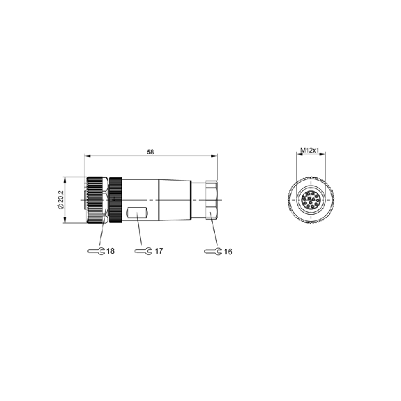 M12A Fem Droit 12p; Bornes à souder (x12) 0.14-0.25mm², Ø6-8 mm-Lire la description