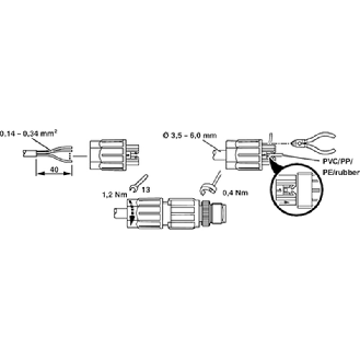 M12A Mâle Droit 4p; Bornes autodénudantes 0.34mm², Ø3.5-6mm-Lire la description