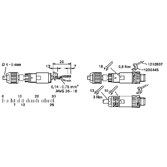 M12A Mâle Droit 4p; Bornes Push-Lock, Ø4-8 mm-Lire la description
