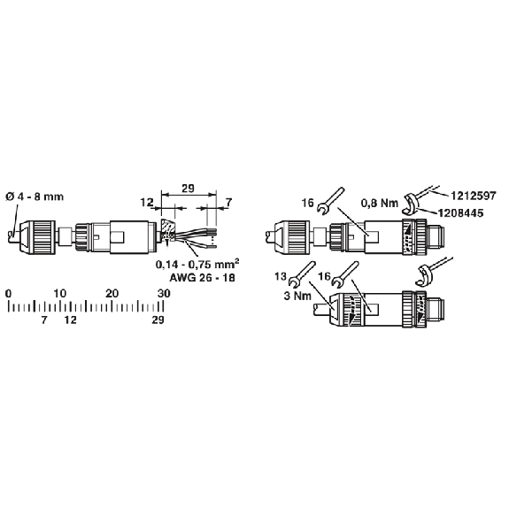 M12A Mâle Droit 4p; Bornes Push-Lock, Ø4-8 mm-Lire la description