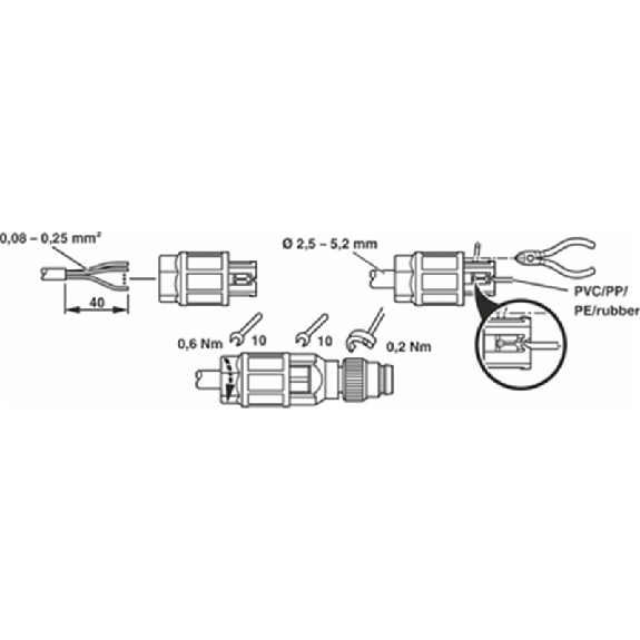 M08A Mâle Droit 3p; Bornes autodénudantes max. 0.25mm², Ø2,5-5mm-Lire la description