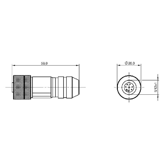 M12A Fem Droit 8p; Bornes à vis (x8) <0.75mm², Ø6-8mm Pg9-Lire la description