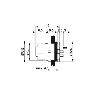 Embase paroi PG9; M12A Fem Droit 5p/Picots de soudage-Lire la description