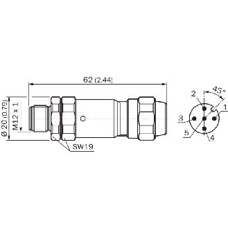 M12A Mâle Droit 5p Inox V4A Blindé; Bornes à vis <0,75mm², 5,5-8,6mm-Lire la description