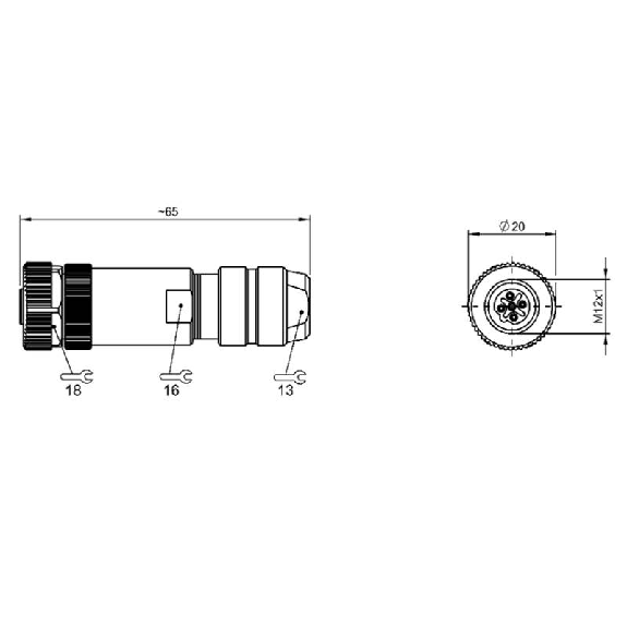 M12B Fem Droit 5p; Bornes à vis (x5) 0.14-0.75mm², Ø5-8mm-Lire la description
