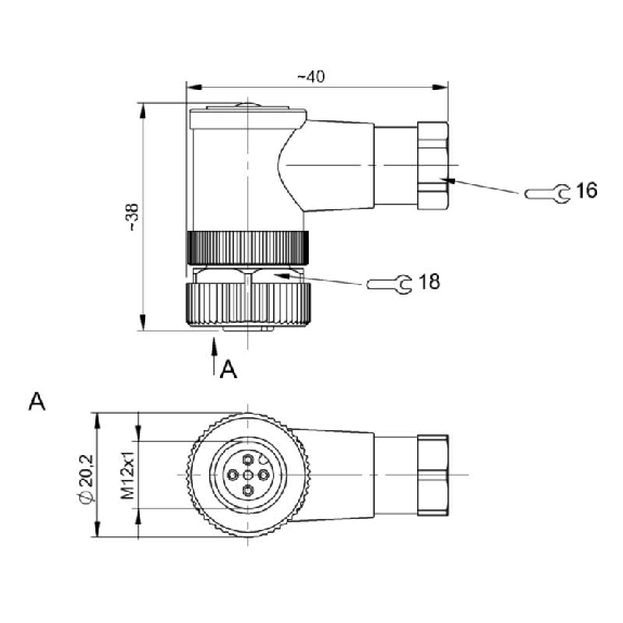 M12A Fem Coudé 5p; Bornes à vis (x4) 0.14-0.75mm², Ø6-8mm Pg7-Lire la description