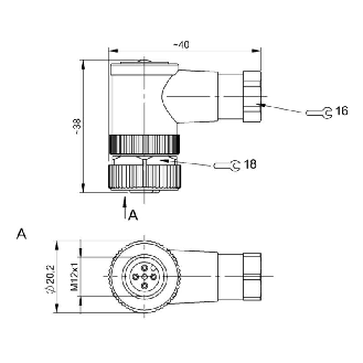 M12A Fem Coudé 5p; Bornes à vis (x4) 0.14-0.75mm², Ø6-8mm Pg7-Lire la description
