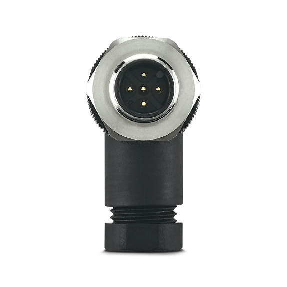 M12A Mâle Coudé 5p Inox; Bornes à vis (x5) 0,25-0,75mm², Ø4-6mm (PG7)-Lire la description