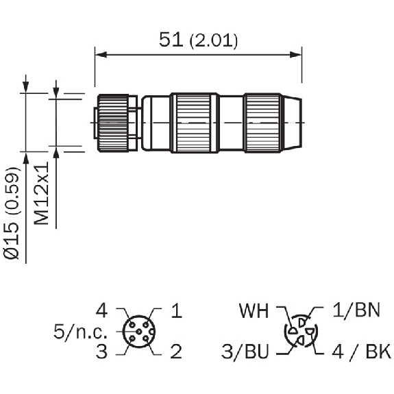 M12A Fem Droit 4p; Bornes autodénudantes 4x0.25mm², Ø4-5.1mm-Lire la description