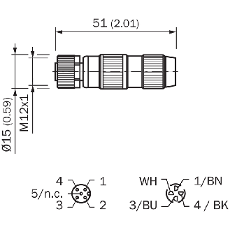 M12A Fem Droit 4p; Bornes autodénudantes 4x0.25mm², Ø4-5.1mm-Lire la description