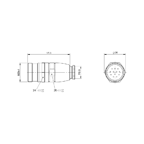 M23 Mâle Droit 12p; Bornes à souder (12x) 1mm², Ø6-10mm-Lire la description