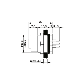 Embase paroi PG9; M12A Fem Droit 5p/Contacts à sertir-Lire la description