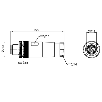 M12A Mâle Droit 5p; Bornes à vis (x5) 0.14-0.75mm², Ø6-8 mm-Lire la description