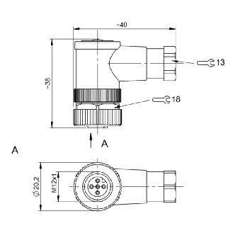 M12A Fem Coudé 5p; Bornes à vis (x5) 0.14-0.75 mm², Ø4-6mm Pg7-Lire la description