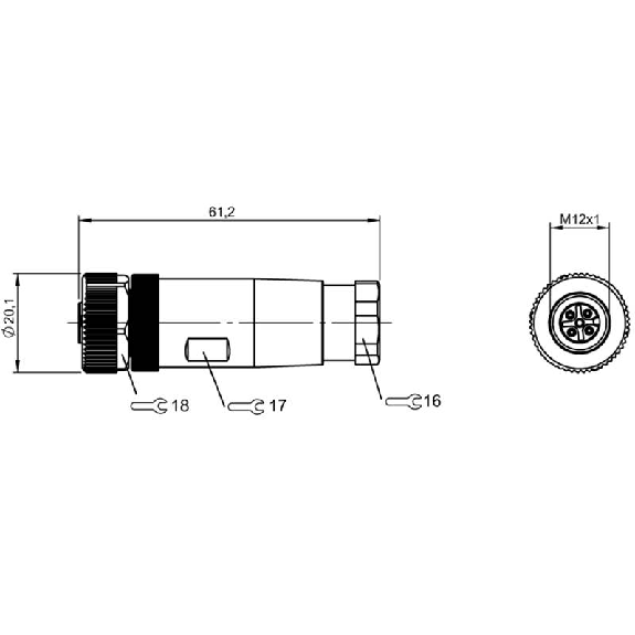 M12A Fem Droit 5p, Bornes à vis (x5) 0.14-0.5mm², Ø6-8mm Pg7-Lire la description