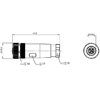 M12A Fem Droit 5p, Bornes à vis (x5) 0.14-0.5mm², Ø6-8mm Pg7-Lire la description