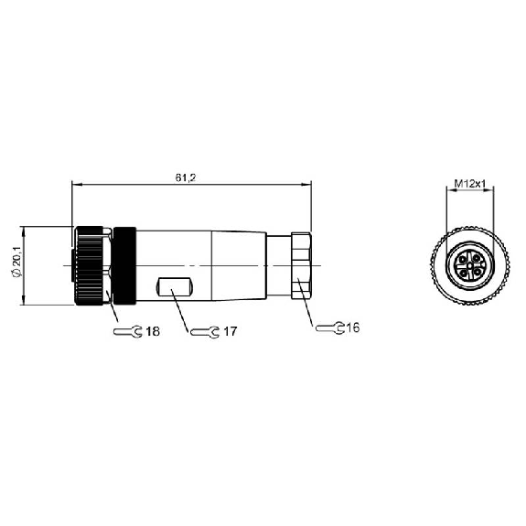 M12A Fem Droit 5p; Bornes à vis (x4) 0.14-0.75mm², Ø6-8mm-Lire la description