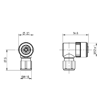 M12A Fem Coudé 4p; Bornes à vis (x4), Ø3-6,5mm-Lire la description