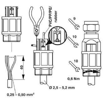 M08A Fem Droit 4p Inox; Bornes autodénudantes max. 0,5mm², Ø2.5-5mm-Lire la description