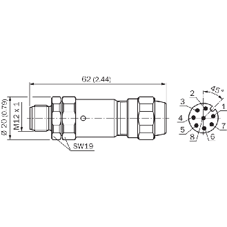 M12A Mâle Droit 8p Inox V4A Blindé; Bornes à vis <0,5mm², 5,5-8,6mm-Lire la description