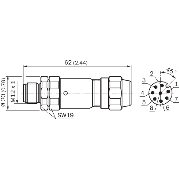 M12A Mâle Droit 8p Inox V4A Blindé; Bornes à vis <0,5mm², 5,5-8,6mm-Lire la description