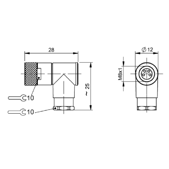 M08A Fem Coudé 4p; Bornes à souder (x4) 0.14-0.5mm², Ø3.5-5mm-Lire la description