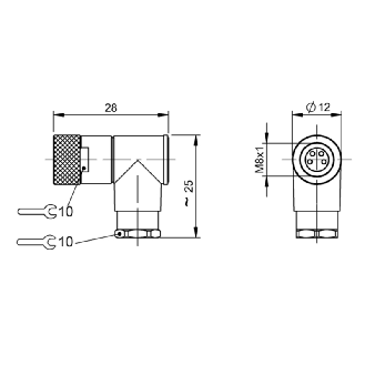 M08A Fem Coudé 4p; Bornes à souder (x4) 0.14-0.5mm², Ø3.5-5mm-Lire la description