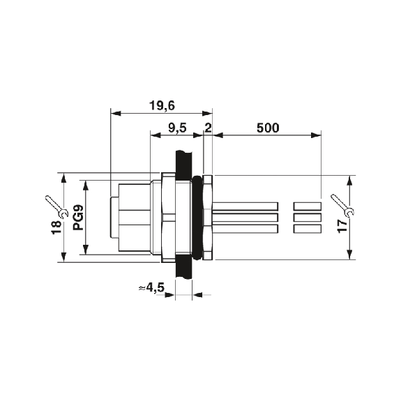 Embase paroi PG9; M12A Fem Droit 3p; 3 fils (3 x 0.34mm²) 0.5m-Lire la description