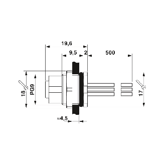 Embase paroi PG9; M12A Fem Droit 3p; 3 fils (3 x 0.34mm²) 0.5m-Lire la description