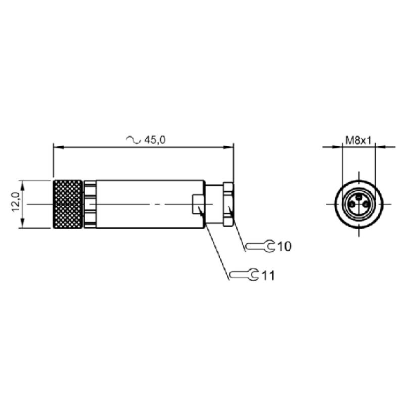 M08A Fem Droit 3p; Bornes à vis (x3) 0.14-0.5mm², Ø3.5-5mm-Lire la description