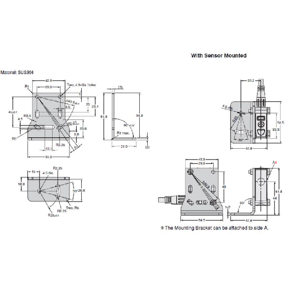 Equerre de fixation inox SUS304 pour E3S-DB, depuis la base en L ± 5°-Lire la description