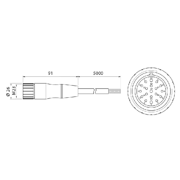 Connect.M23-F,19 poles-5m,PVC,Axial-Lire la description