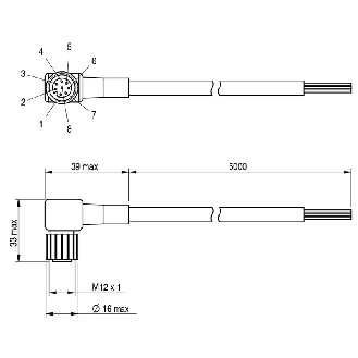 Connect.M12-F,8 poles-5m,PVC,90°-Lire la description