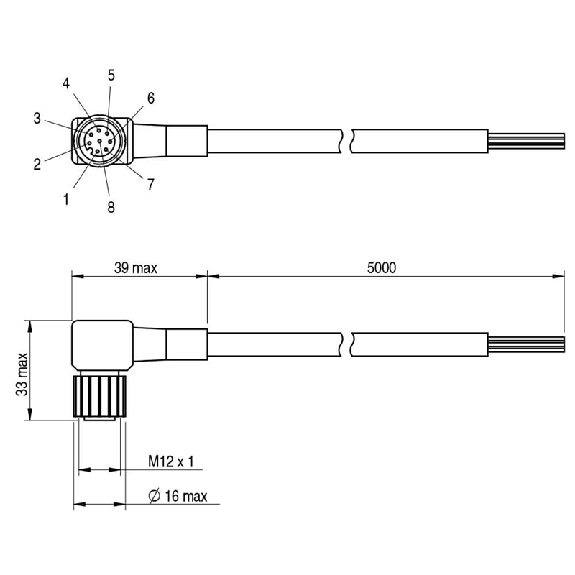 Connect.M12-F,8 poles-5m,PVC,90° Connect.M12-F,8 poles-5m,PVC,90°-Lire la description