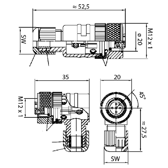 Connect.M8-M-Axial,4 p,Field attach.-Lire la description