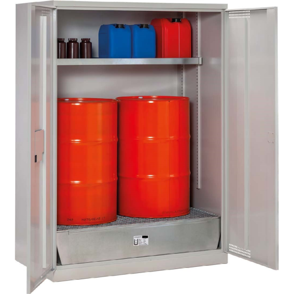 Armoire à fût 14/20 avec bac de rétention PE 210 litres caillebotis acier Armoire à fût 14/20 avec bac de rétention PE 210 litres caillebotis acier-Lire la description