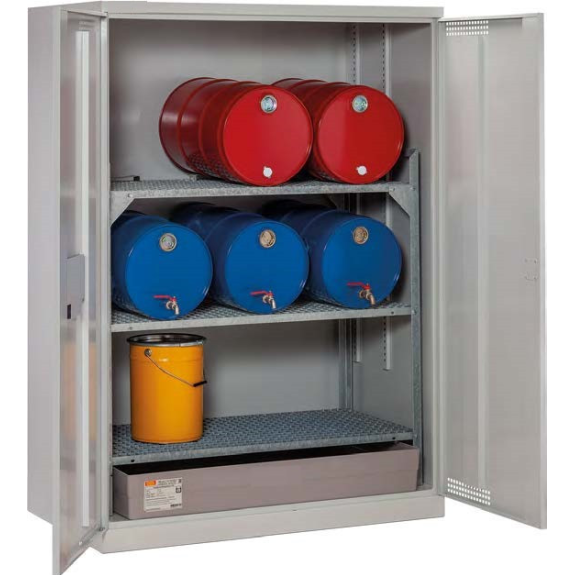 Armoire à fût 14/20 avec rayonnage 360 et bac de rétention PFV 150 L Armoire à fût 14/20 avec rayonnage 360 et bac de rétention PFV 150 L-Lire la description