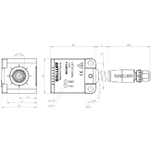 Coupleur inductif, Unidirect., 40x40, Base, 8xPNP, P5mm, M12 12P+C-Lire la description