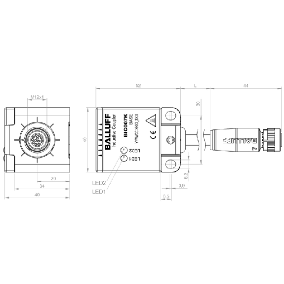 Coupleur inductif, Unidirect., 40x40, Remote, 8xPNP, P5mm, M12 12P+C-Lire la description