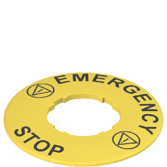 Étiquette avec un trou, Ø 60 mm, disque jaune, "STOP" & "EMERGENCY"-Lire la description