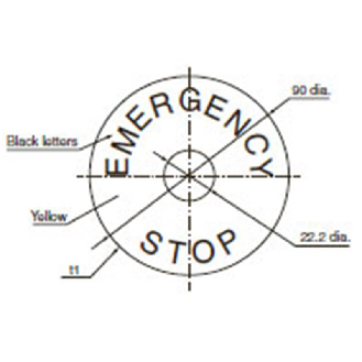 Disque jaune Ø90mm, pour AU Ø22mm, inscription "EMERGENCY STOP"-Lire la description