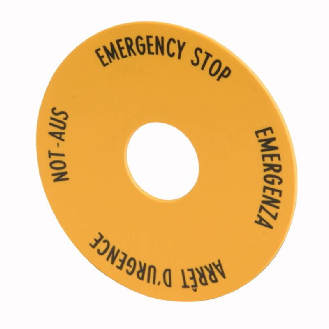 Étiquette, arrêt d'urgence, jaune, D=60mm, 4 langues, DE, EN, FR, IT-Lire la description