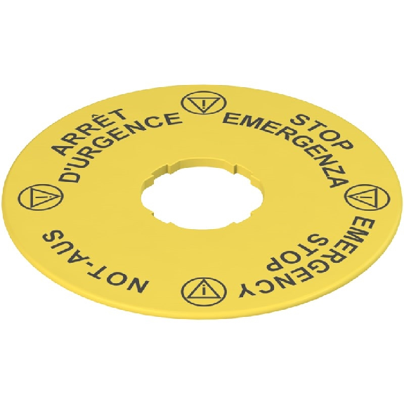 Étiquette avec trou , disque jaune, Ø90 mm, "ARRET D'URGENCE"-Lire la description