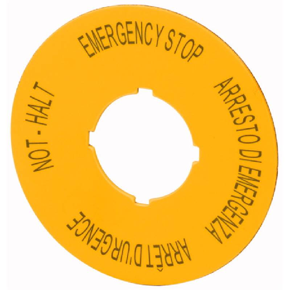 Étiquette, arrêt d'urgence, D=90mm, jaune, 4 langues, DE, EN, FR, IT-Lire la description
