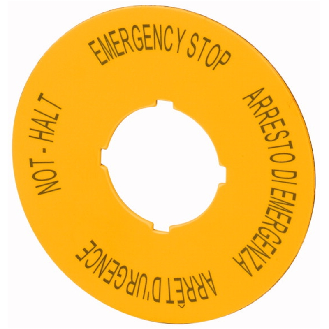 Étiquette, arrêt d'urgence, D=60mm, jaune, 4 langues, DE, EN, FR, IT-Lire la description