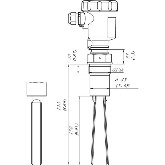 Détecteur vibrant de niveau, sonde 220mm, DPDT, G1/2 A PN 25, M20-Lire la description