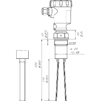Détecteur vibrant de niveau, sonde 220mm, DPDT, G1/2 A PN 25, M20-Lire la description