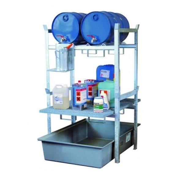 Rayonnage métallique 400 pour 2 fûts  60 l ou 1 fût  220 l et 1 caillebotis-Lire la description