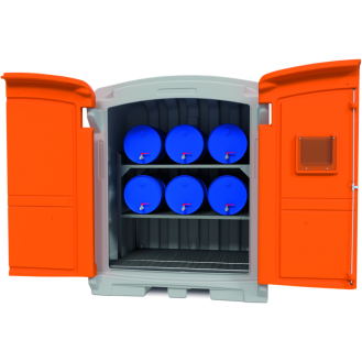 Rayonnage 360 avec cale-fûts pour 6 fûts 60 litres et petits récipients pour Box de sureté PE 220/2-Lire la description